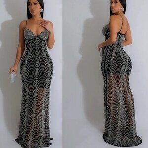 Dress Mermaid V-Neck Mesh-Inset Glitter-Print Gown Black Size S-M Stretch Straps
